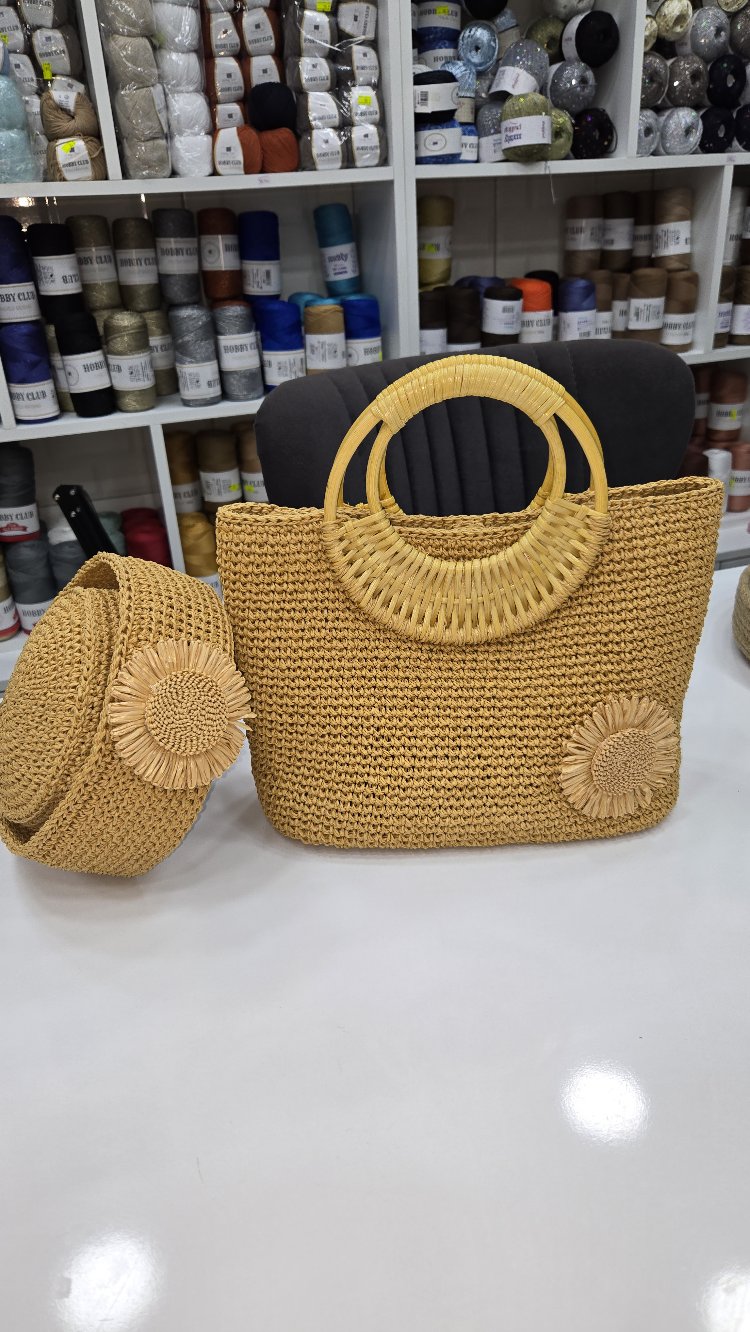 bambu saplı çanta denizci şapkası 2li takım 