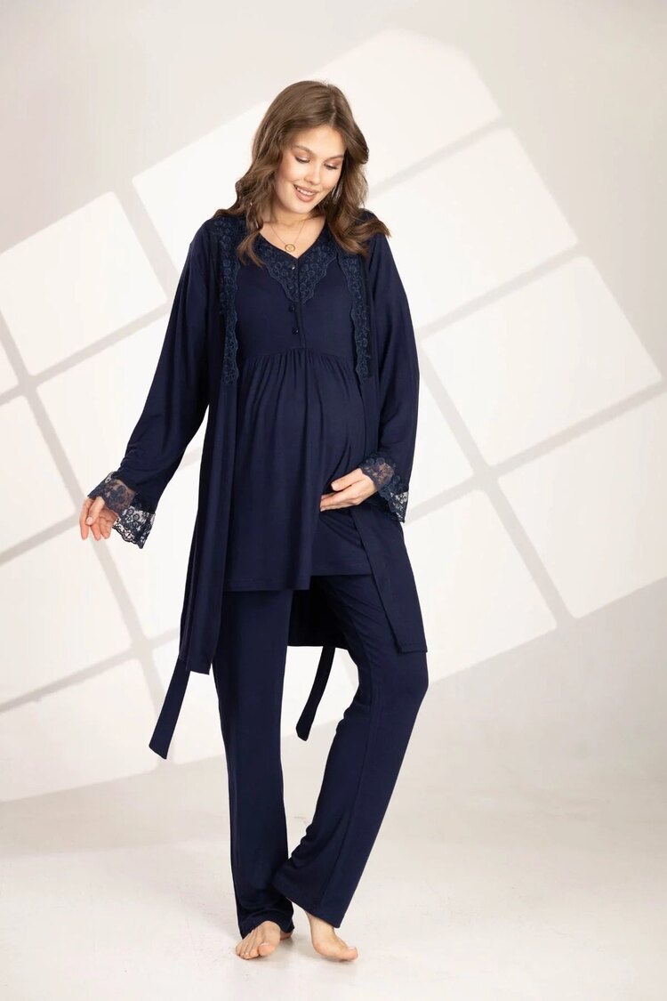 Lacivert Dantelli Sabahlıklı Pijama Takımı