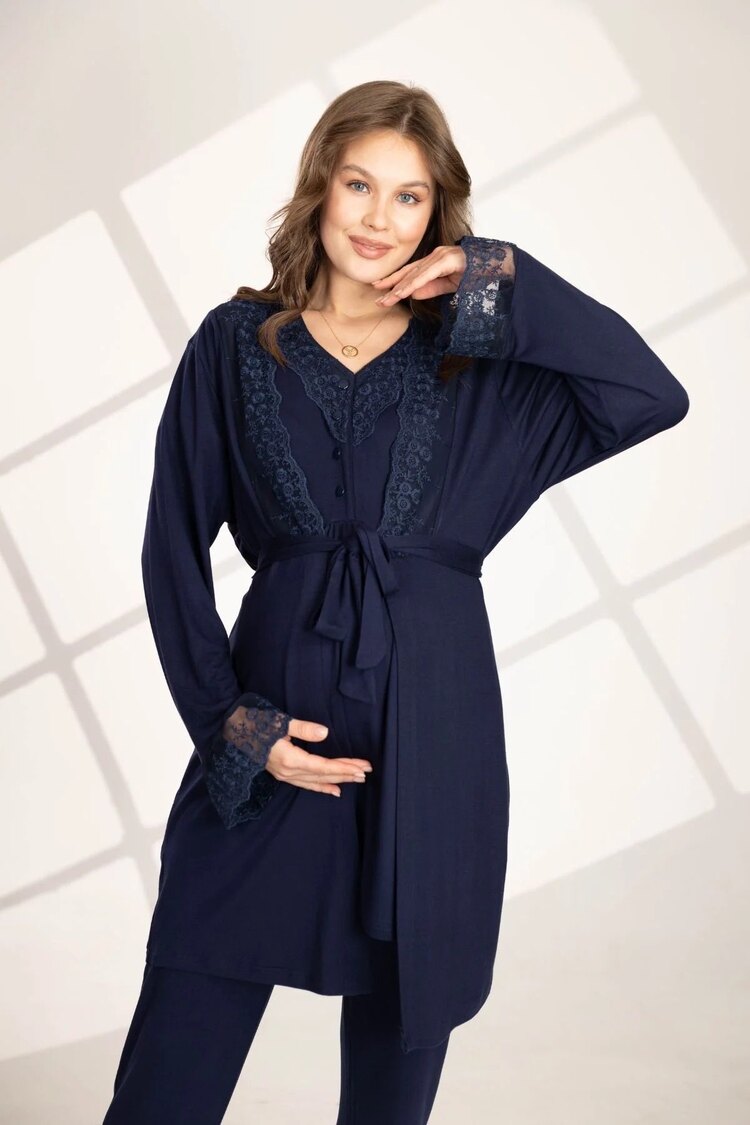 Lacivert Dantelli Sabahlıklı Pijama Takımı