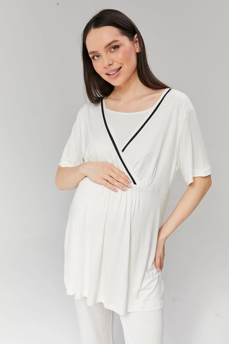 Ekru Biyeli Sabahlıklı Lohusa Pijama Takımı