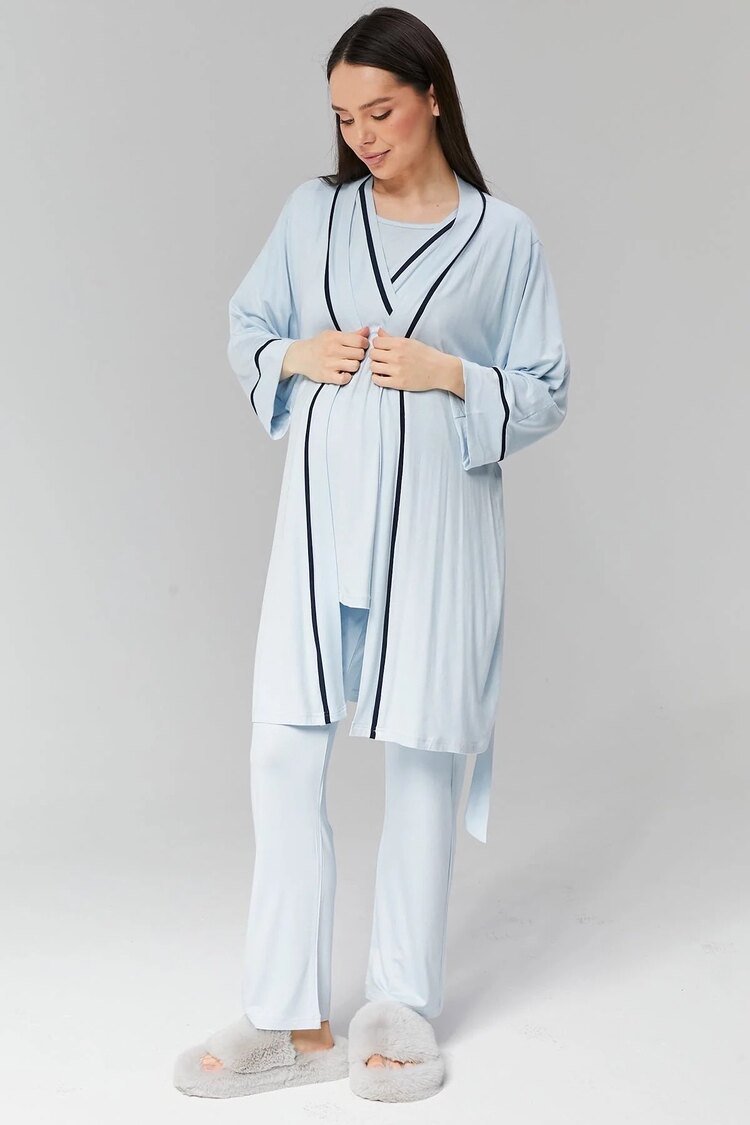 Mavi Biyeli Sabahlıklı Lohusa Pijama Takımı