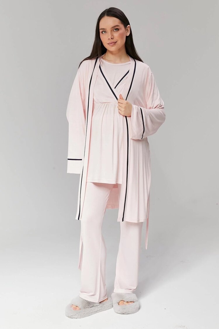Pembe Biyeli Sabahlıklı Lohusa Pijama Takımı