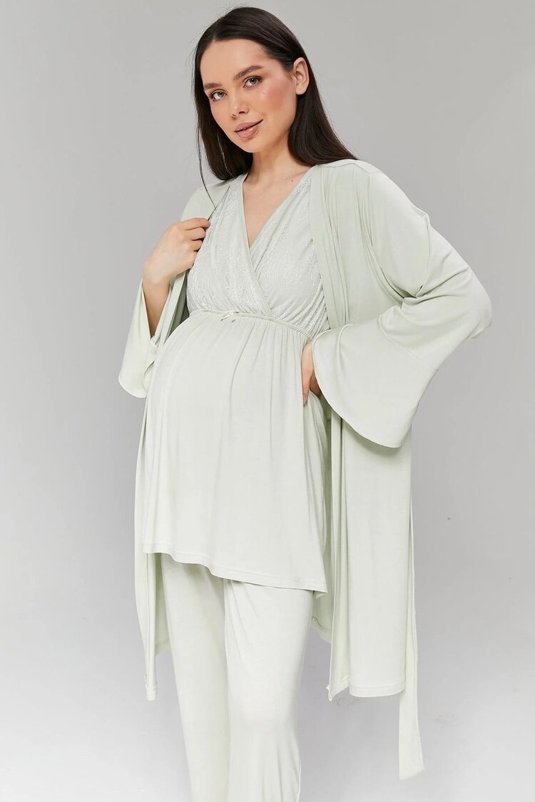 Mint Yeşili Dantelli Sabahlıklı Lohusa Pijama Takımı