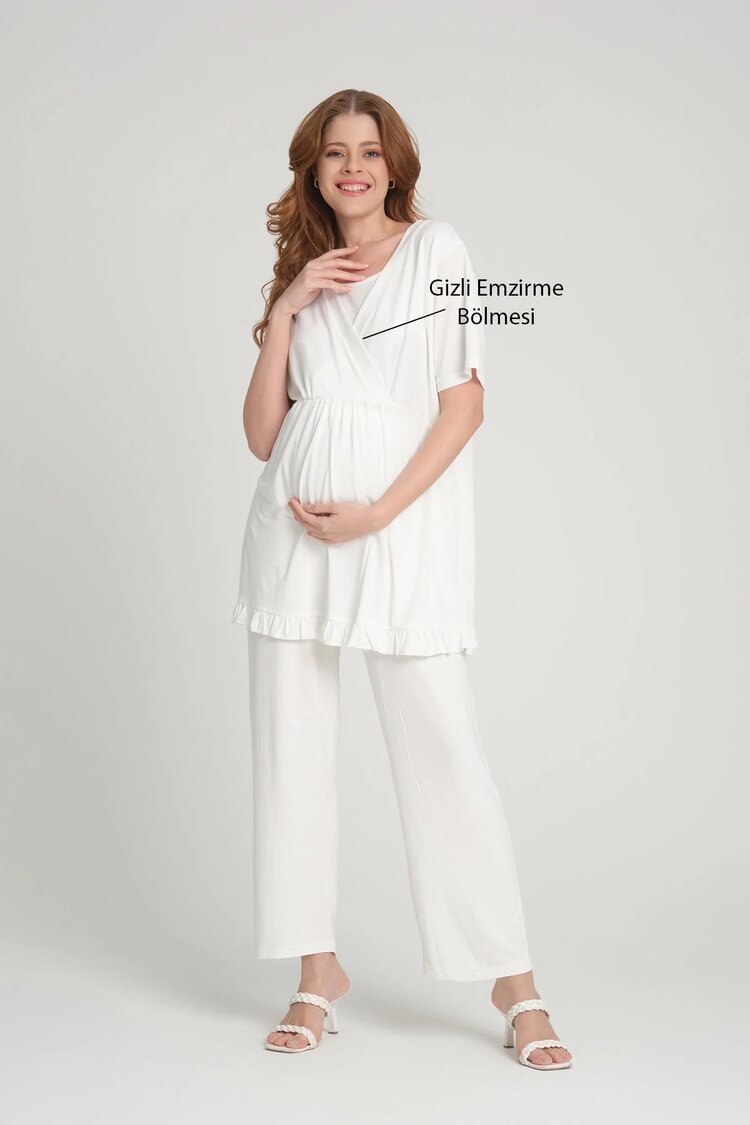Ekru Düz Kruvaze Sabahlıklı Lohusa Pijama Takımı