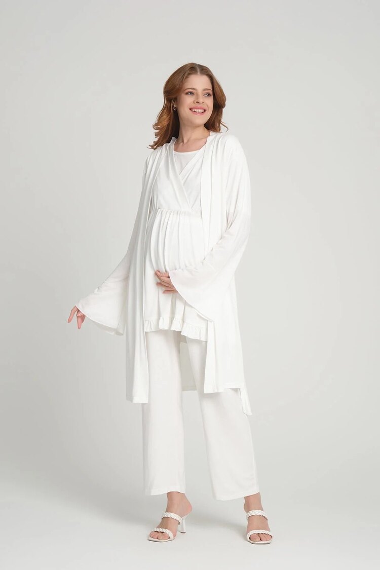 Ekru Düz Kruvaze Sabahlıklı Lohusa Pijama Takımı
