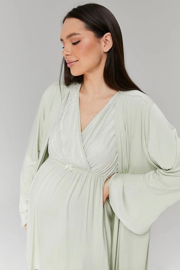 Mint Yeşili Dantelli Sabahlıklı Lohusa Pijama Takımı