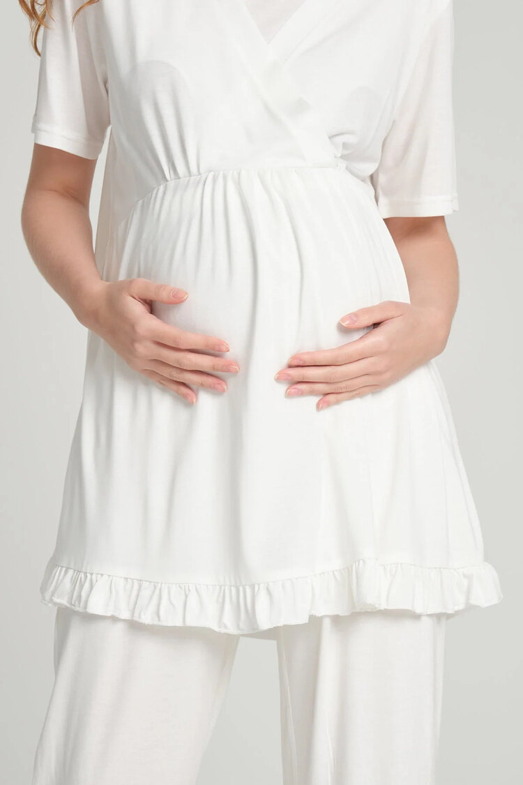 Ekru Düz Kruvaze Sabahlıklı Lohusa Pijama Takımı
