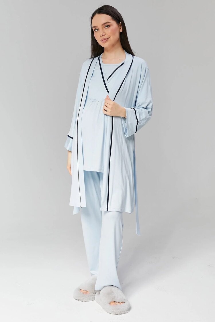 Mavi Biyeli Sabahlıklı Lohusa Pijama Takımı