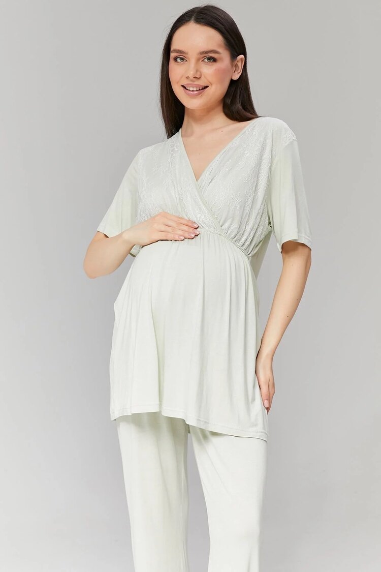 Mint Yeşili Dantelli Sabahlıklı Lohusa Pijama Takımı
