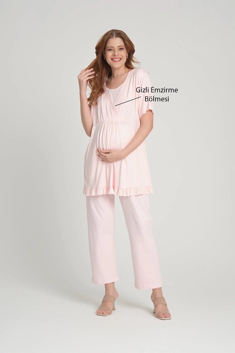 Pembe Düz Kruvaze Sabahlıklı Lohusa Pijama Takımı