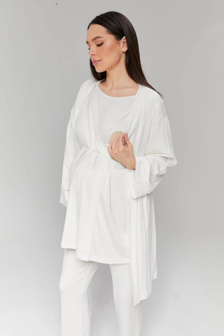 Ekru Şerit Dantelli Sabahlıklı Lohusa Pijama Takımı