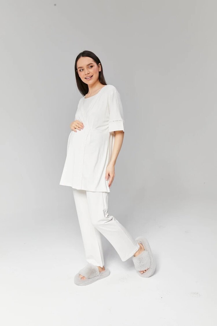 Ekru Şerit Dantelli Sabahlıklı Lohusa Pijama Takımı