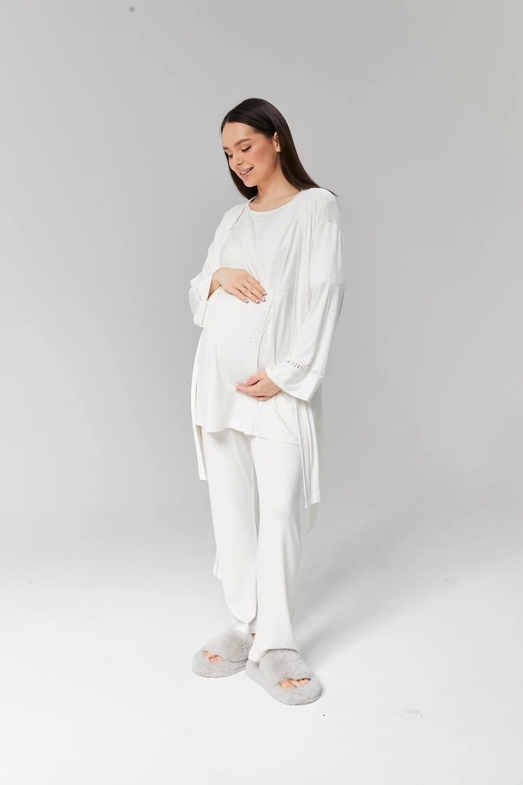 Ekru Şerit Dantelli Sabahlıklı Lohusa Pijama Takımı