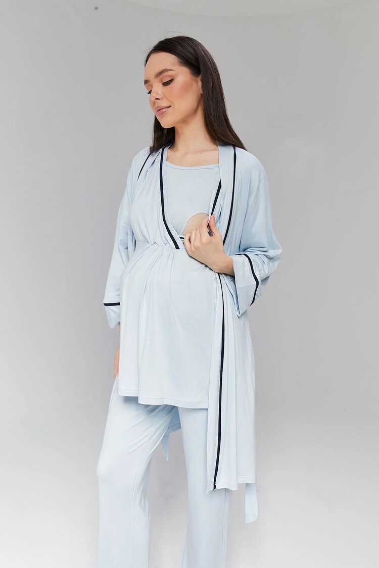 Mavi Biyeli Sabahlıklı Lohusa Pijama Takımı