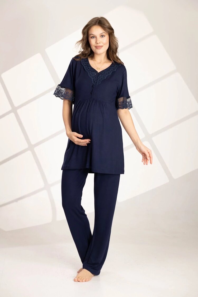 Lacivert Dantelli Sabahlıklı Lohusa Pijama Takımı
