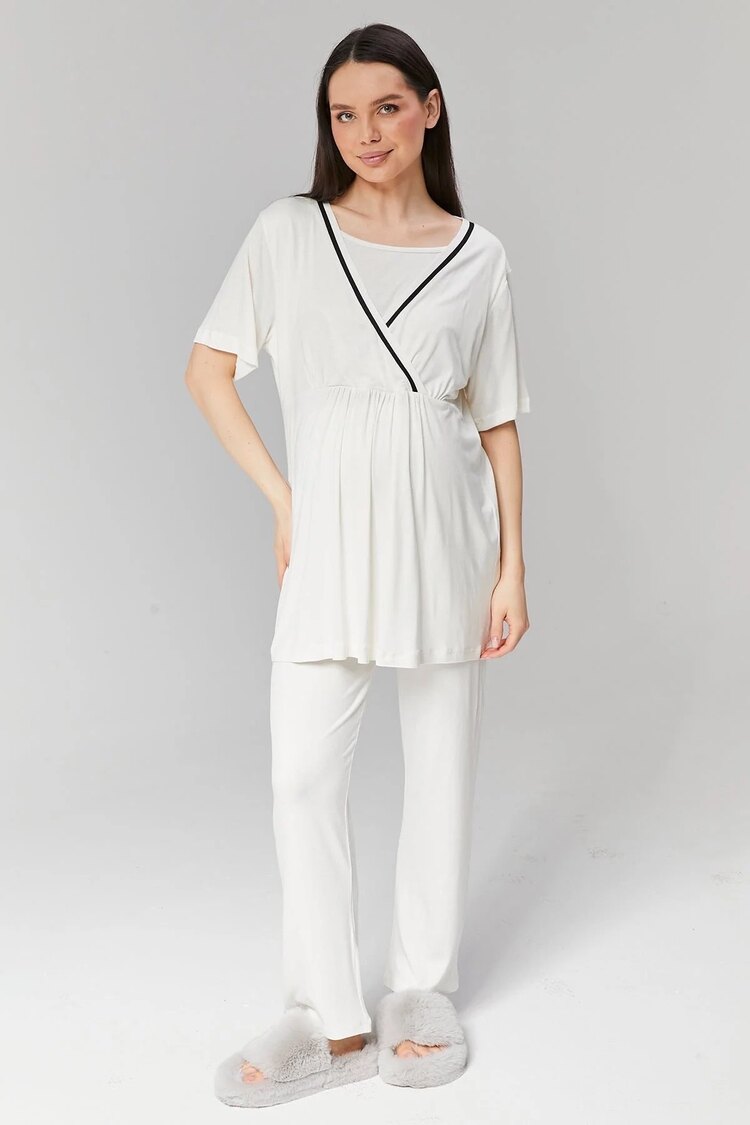 Ekru Biyeli Sabahlıklı Lohusa Pijama Takımı