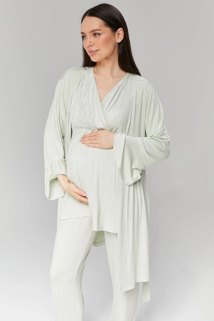 Mint Yeşili Dantelli Sabahlıklı Lohusa Pijama Takımı