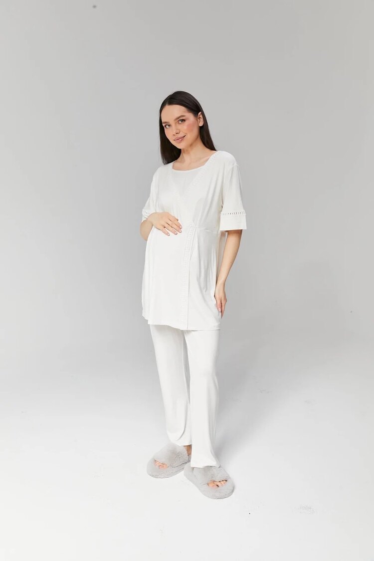 Ekru Şerit Dantelli Sabahlıklı Lohusa Pijama Takımı