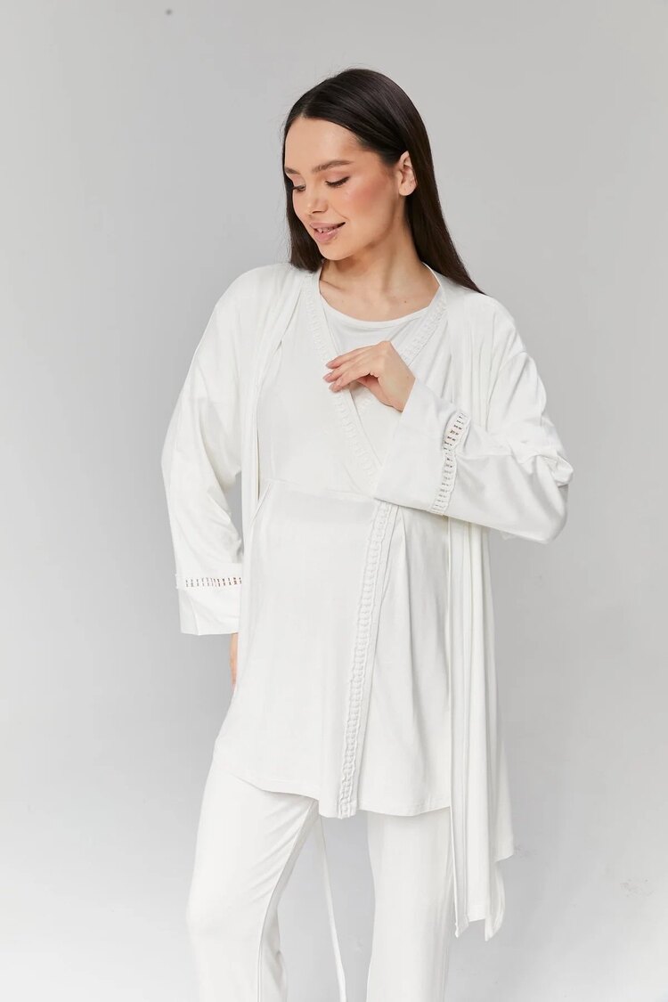 Ekru Şerit Dantelli Sabahlıklı Lohusa Pijama Takımı