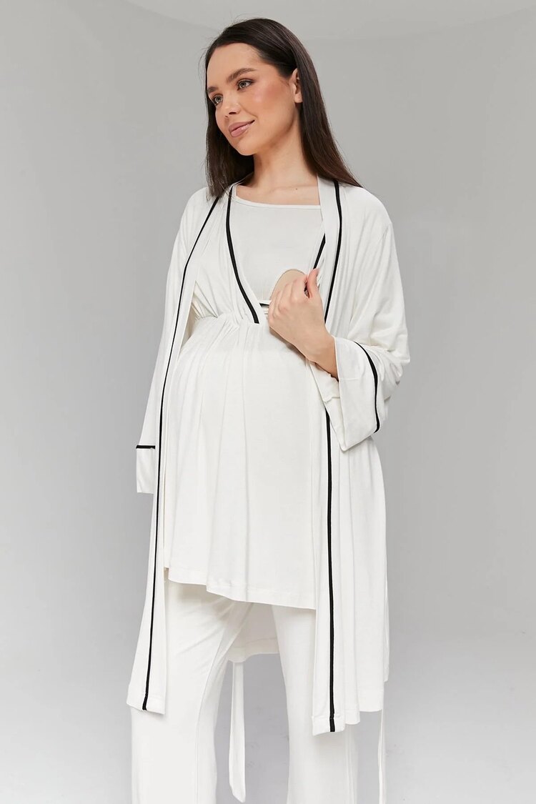 Ekru Biyeli Sabahlıklı Lohusa Pijama Takımı