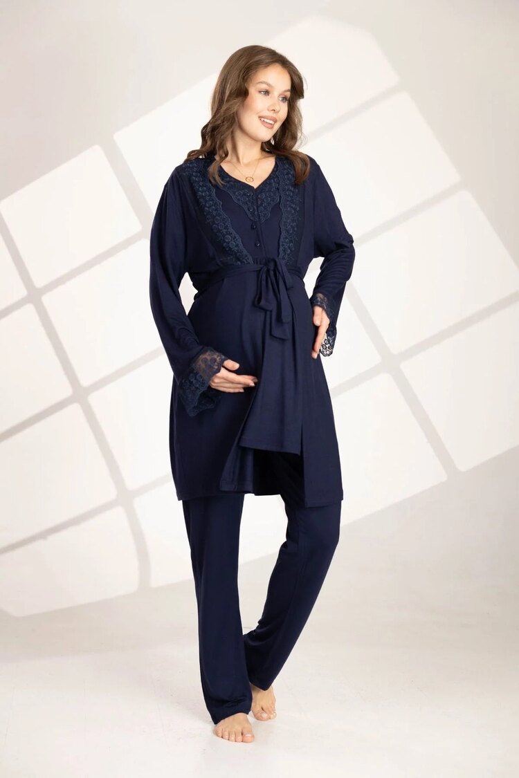Lacivert Dantelli Sabahlıklı Pijama Takımı