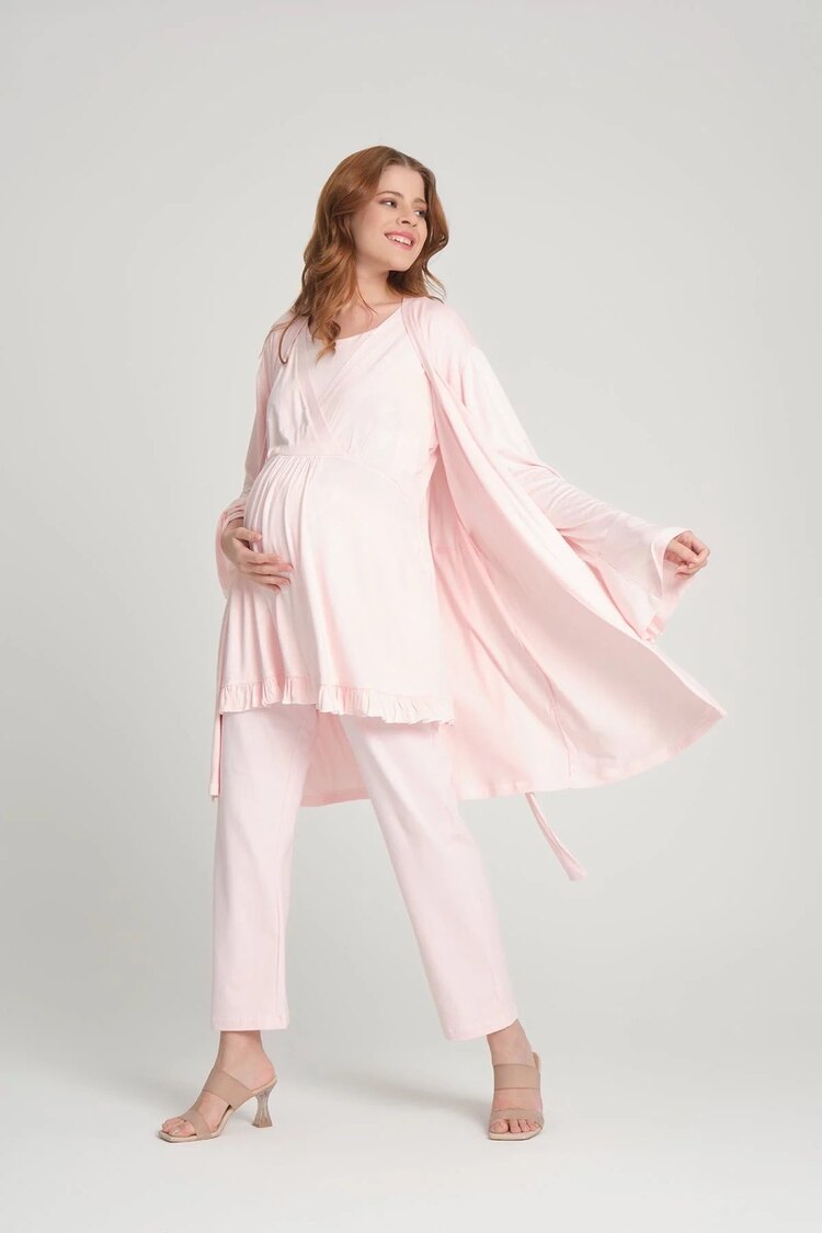 Pembe Düz Kruvaze Sabahlıklı Lohusa Pijama Takımı