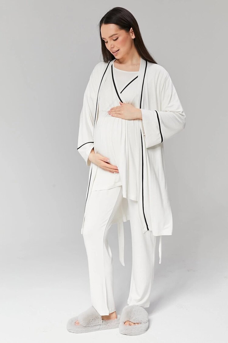 Ekru Biyeli Sabahlıklı Lohusa Pijama Takımı