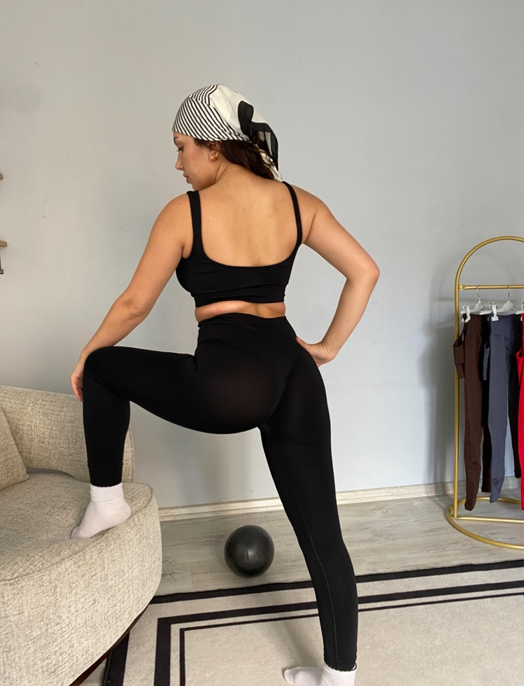 Siyah seamless askılı tayt Bra takımı 