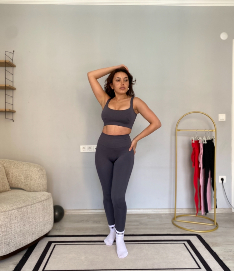 Füme seamless askılı tayt Bra takımı