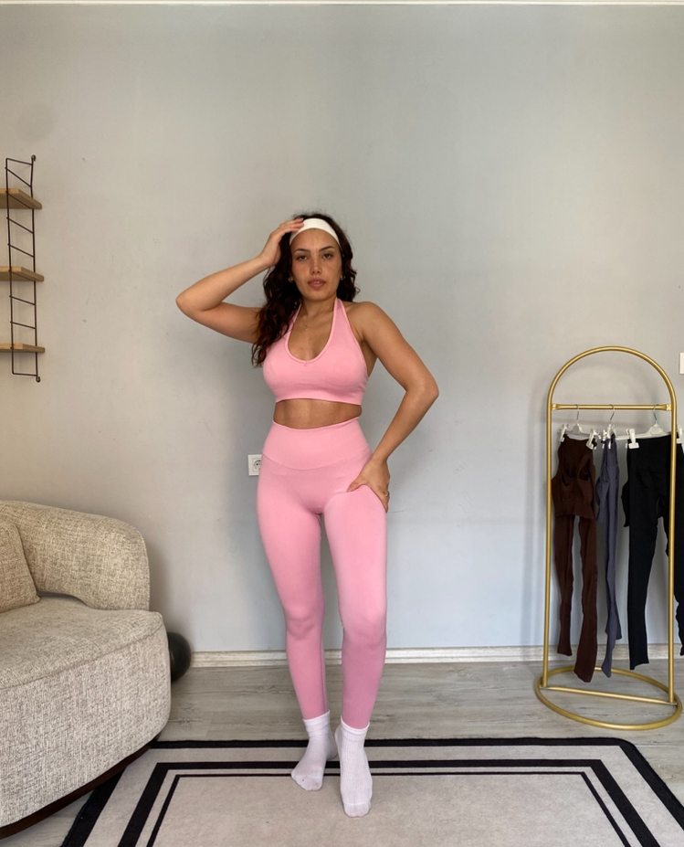Pembe seamless askılı tayt Bra takım 