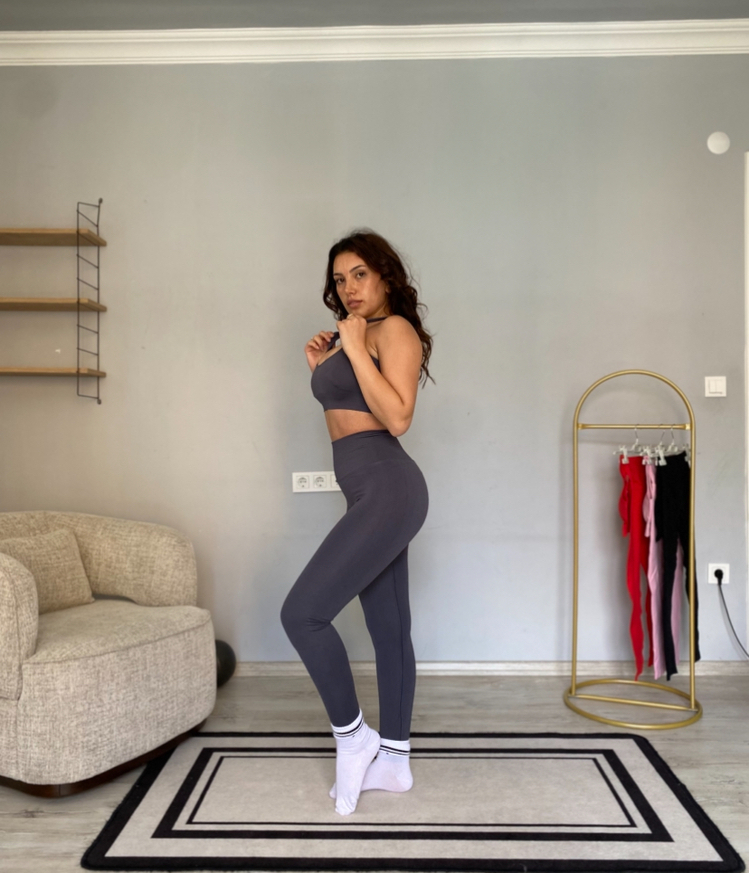 Füme seamless askılı tayt Bra takımı
