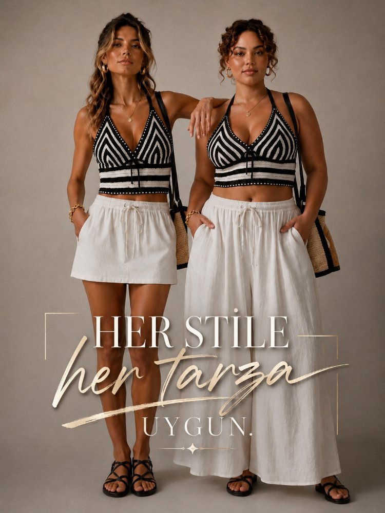Siyah Beyaz El Örgüsü Büstiyer – Bohem Çizgili Halter Yaka Yazlık Crop Top