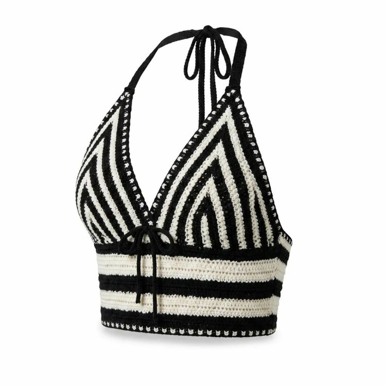 Siyah Beyaz El Örgüsü Büstiyer – Bohem Çizgili Halter Yaka Yazlık Crop Top