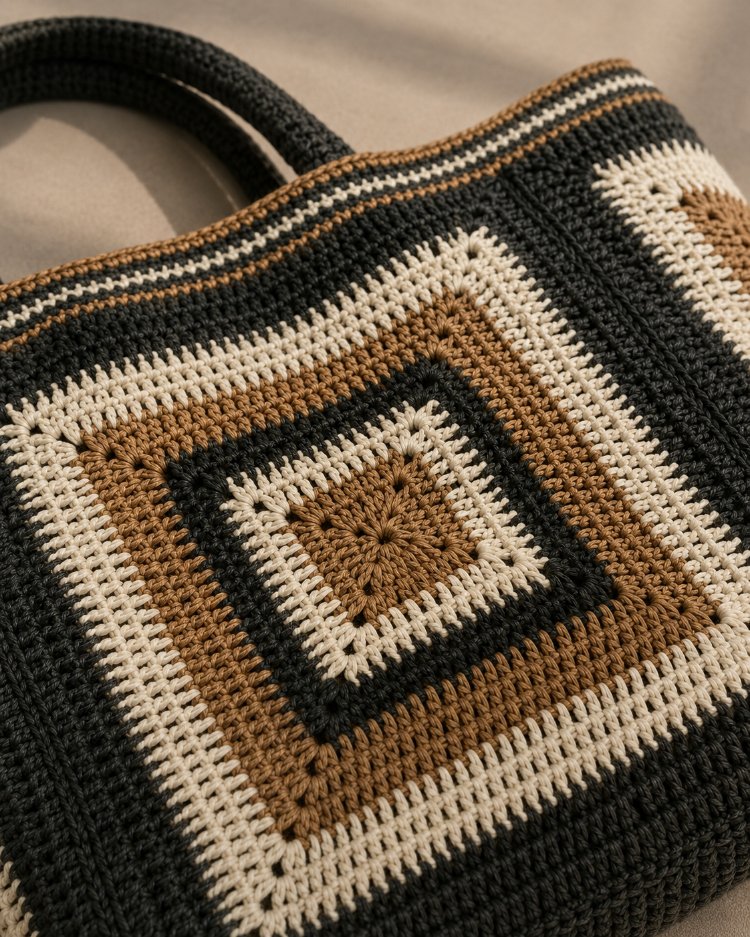 El Örgüsü Granny Square Omuz Çantası - Astarlı ve Saplı Bohem Plaj Ve Günlük Çanta
