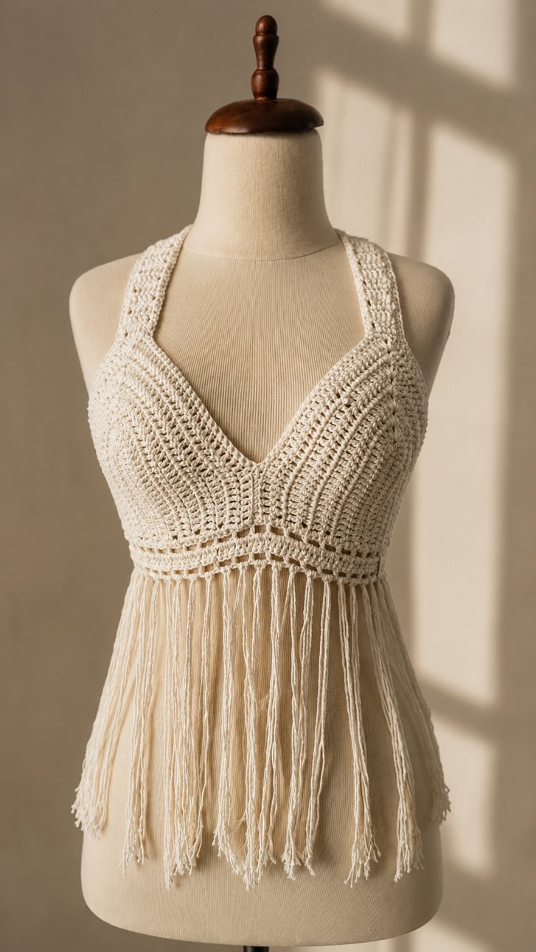El Örgüsü Püsküllü Halter Yaka Büstiyer | Ekru Bohem Yazlık Crop