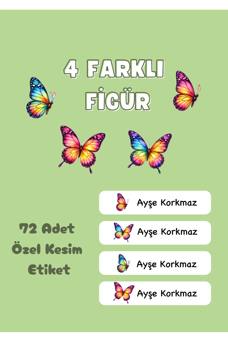 72 Adet Kelebek Temalı Kişiye Özel Okul Etiketi İsim Yazılabilen Etiket Kalem Defter Etiket