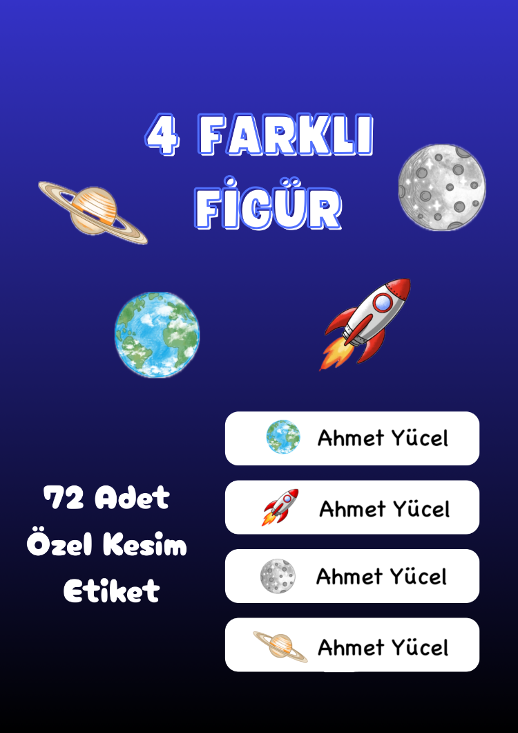 72 Adet Uzay Temalı Kişiye Özel Okul Etiketi İsim Yazılabilen Etiket Kalem Defter Etiket