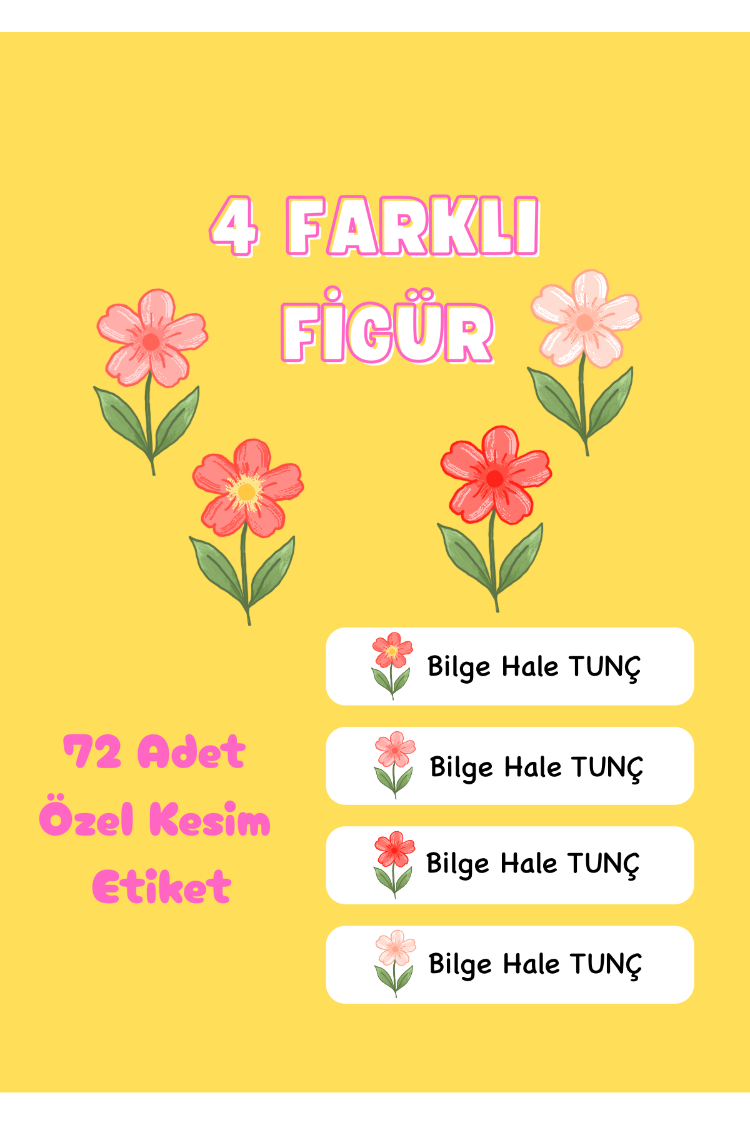 72 Adet Pembe Çiçek Temalı Kişiye Özel Okul Etiketi İsim Yazılabilen Etiket Kalem Defter