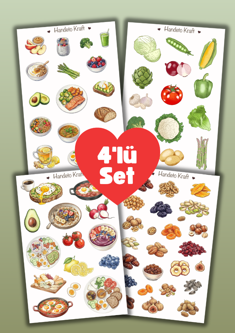 4'lü Sağlıklı Yemekler Sticker Seti, Planner Etiket, Çıkartma, Çoklu Sticker, Journal Sticker