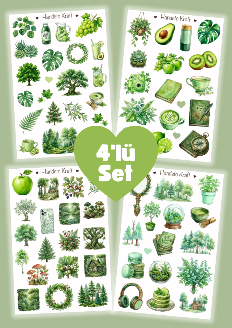 4'lü Green Aesthetic Sticker Seti, Planner Etiket, Çıkartma, Çoklu Sticker, Journal Sticker