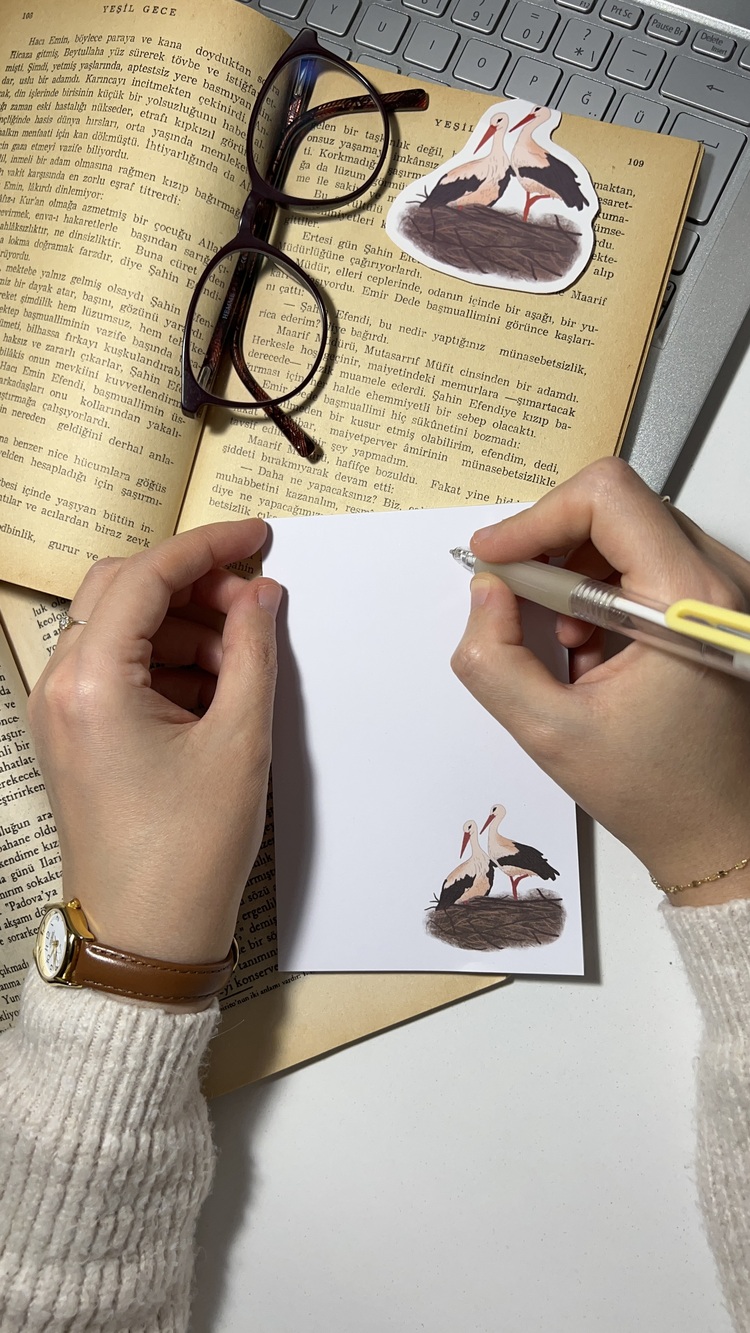 Leylek temalı notepad /Çek kopar not defteri, A6 boyutu, 40 sf., Tutkalla birleştirilmiştir.