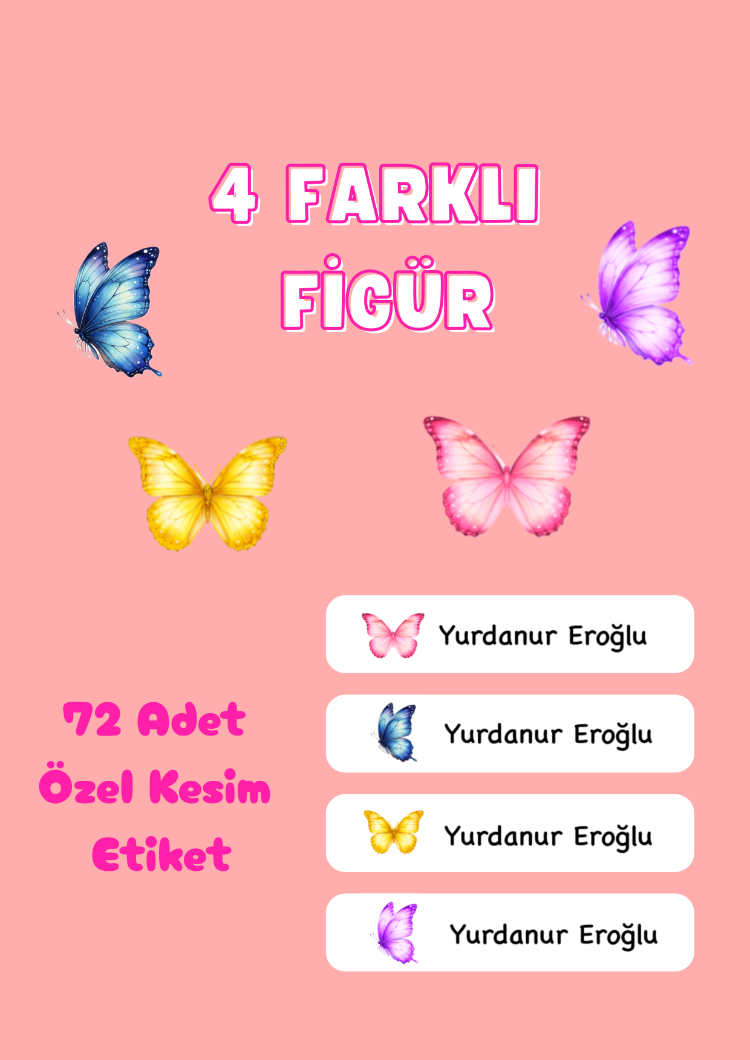72 Adet Kelebek Temalı Kişiye Özel Okul Etiketi İsim Yazılabilen Etiket Kalem Defter Etiket
