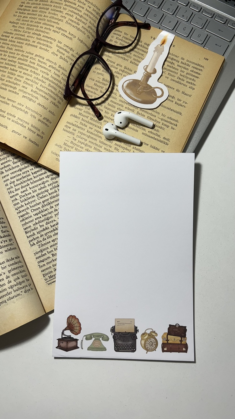 Vintage Temalı Notepad Çek Kopar Defter, Tutkallı Bloknot, A5, Çizgisiz Defter