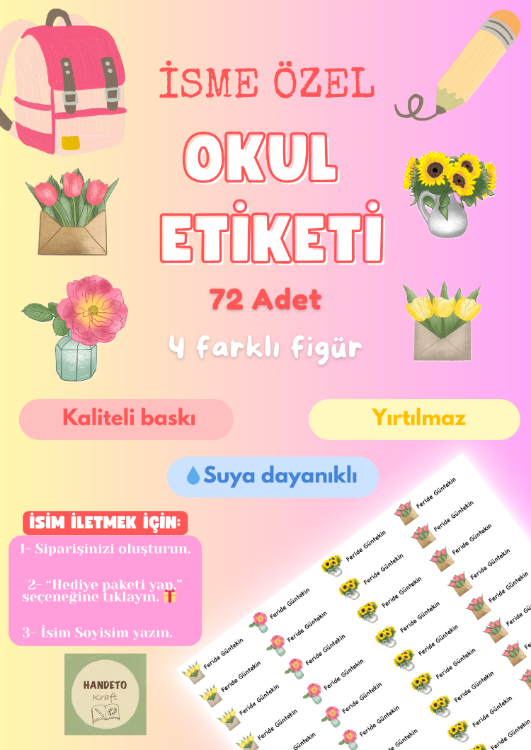 72 Adet Çiçekler Temalı Kişiye Özel Okul Etiketi İsim Yazılabilen Etiket Kalem Defter Etiket