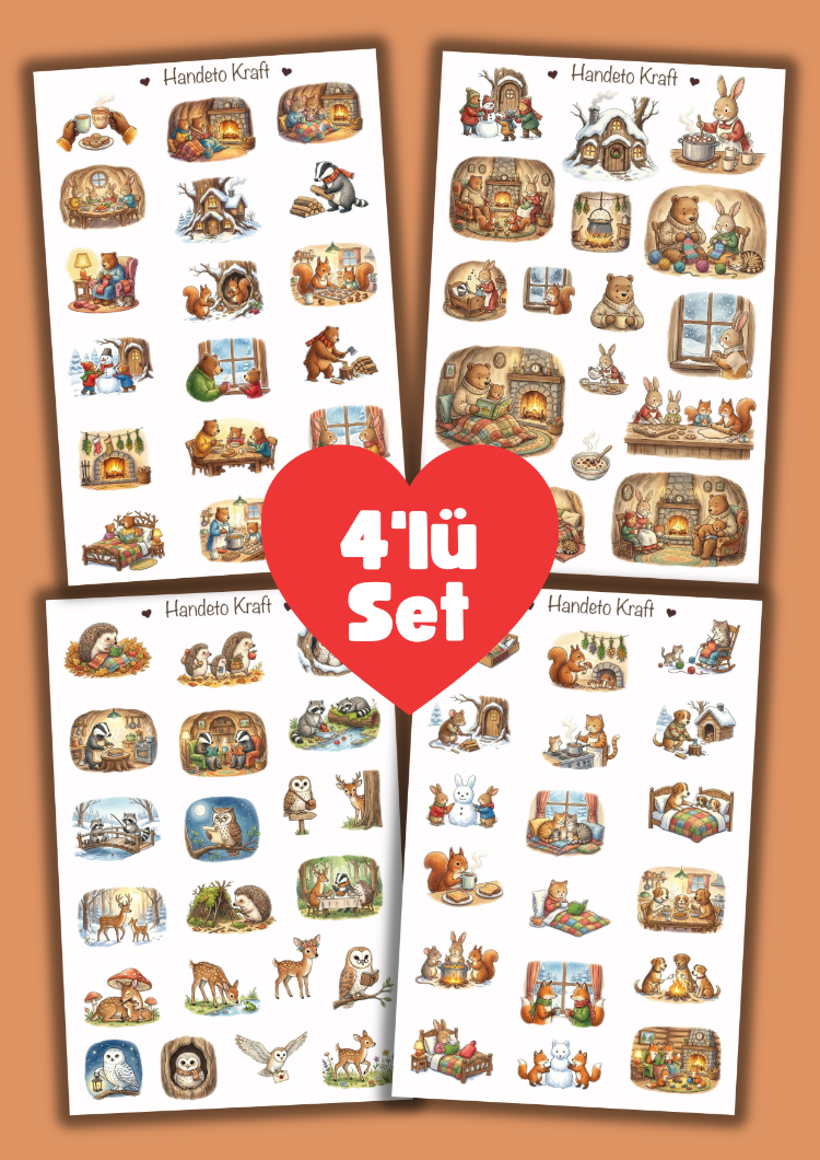 4'lü Cozy Animal Sticker Seti, Planner Etiket, Çıkartma, Çoklu Sticker, Journal Sticker
