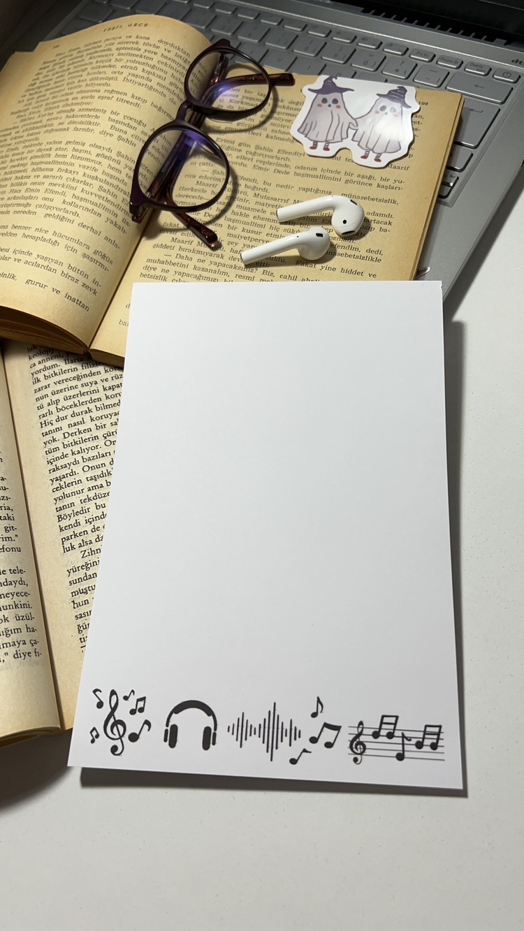 Müzik Temalı Notepad Çek Kopar Defter, Tutkallı Bloknot, A5, Çizgisiz Defter