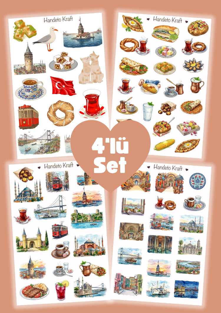 4'lü İstanbul Temalı Sticker Seti, Planner Etiket, Çıkartma, Çoklu Sticker, Journal Sticker