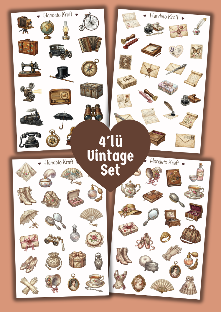 4'lü Vintage Sticker Seti, Planner Etiket, Çıkartma, Ajanda Sticker, Journal Sticker