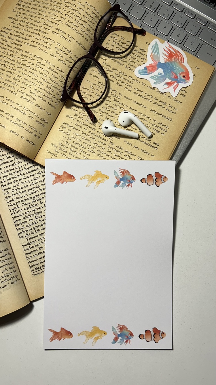 Balık temalı notepad /Çek kopar not defteri, A5 boyutu, 40 sf., Tutkalla birleştirilmiştir.