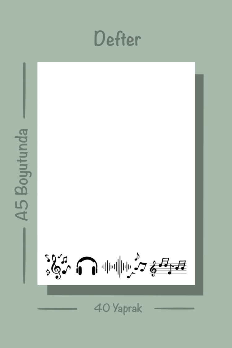Müzik Temalı Notepad Çek Kopar Defter, Tutkallı Bloknot, A5, Çizgisiz Defter